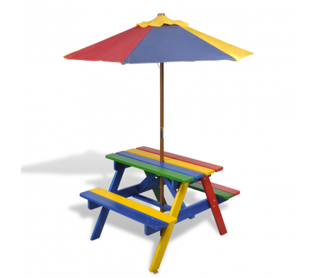 VidaXL - 4-kleurige kinderpicknicktafel met bankjes en parasol