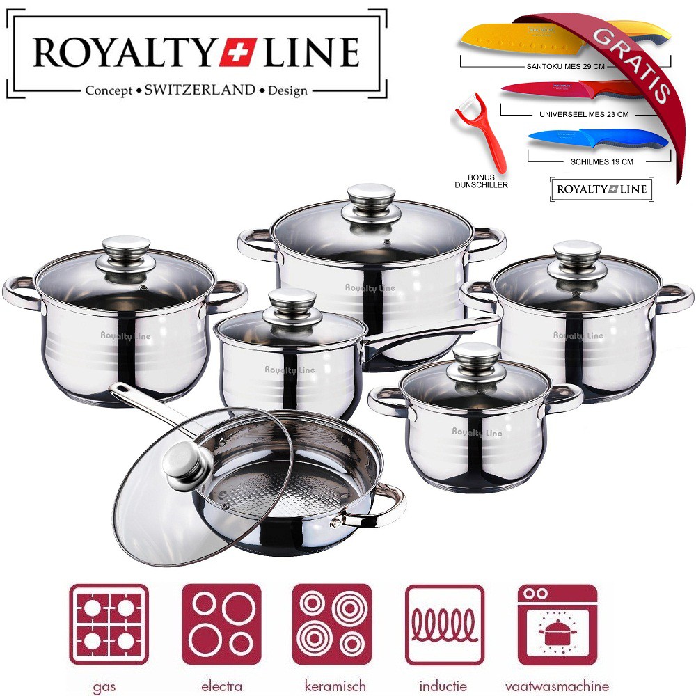 vsdeal.com - 12-delige Luxe Royalty Line Switzerland Pannenset + Gratis Messenset OP=OP