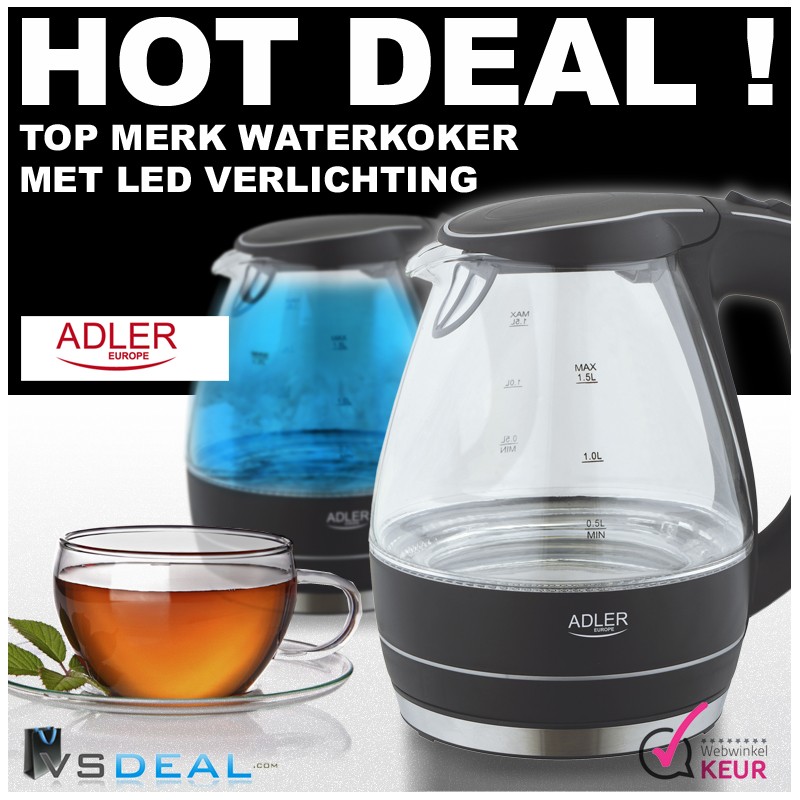 vsdeal.com - Adler glazen Waterkoker met Ledverlichting OP=OP!!