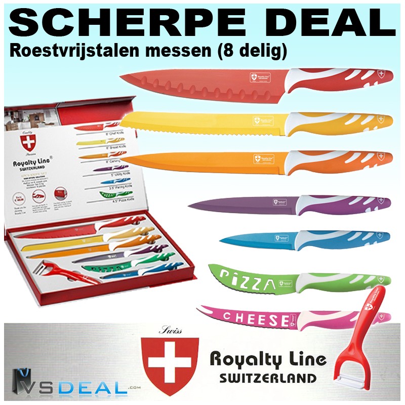 vsdeal.com - Kleurrijke Royalty Line Switzerland RVS Messen 8 delig vsdeal.com - Kleurrijke Royalty Line Switzerland RVS Messen 8 delig
