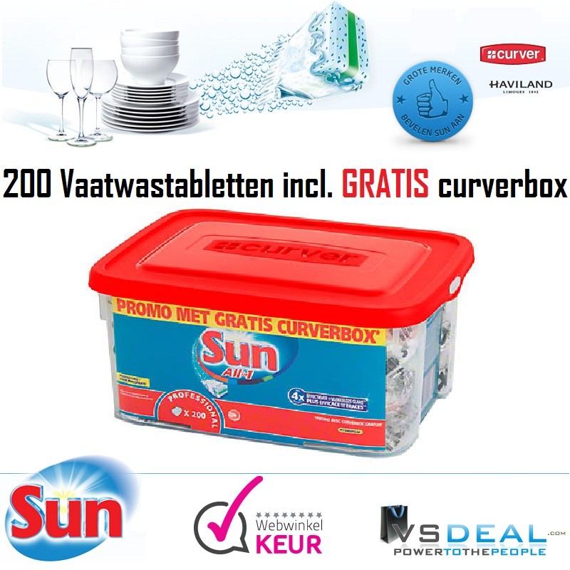 vsdeal.com - Sun All-in1 vaatwastabletten MEGADEAL 200 stuks Professional Inclusief GRATIS Curver opbergbox!!