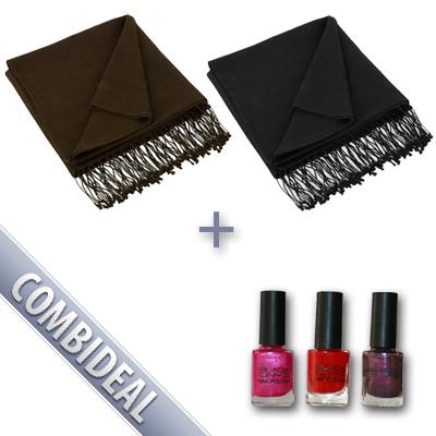 Waat? - Combideal: zwarte of bruine pashmina sjaal met 3 potjes nagellak voor een WAATprijsje Waat? - Combideal: zwarte of bruine pashmina sjaal met 3 potjes nagellak voor een WAATprijsje