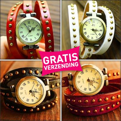 Waat? - Horloge-armband met stoere vintagelook (4 verschillende kleuren) Vandaag GRATIS verzending