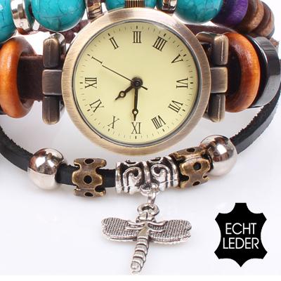 Waat? - Leren armbandhorloge met kralen (vintagelook) Waat? - Leren armbandhorloge met kralen (vintagelook)