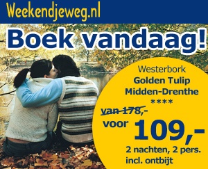 Weekendjeweg - Golden Tulip Midden-Drenthe 4* vanaf 109,-. Weekendjeweg - Golden Tulip Midden-Drenthe 4* vanaf 109,-.