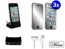 Week op Week - Iphone 4 Bundle: Docking Station+3x Isecure Mirror Screenprotector+usb Datakabel